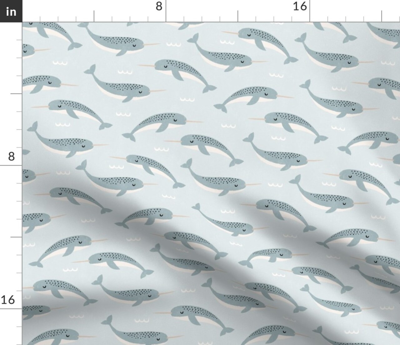 Little Blue Narwhal Ocean Animal Waves Light Under The Sea Life Coastal Creature Custom Printed Fabric by Spoonflower Various Fabrics by the Yard or Fat Quarter